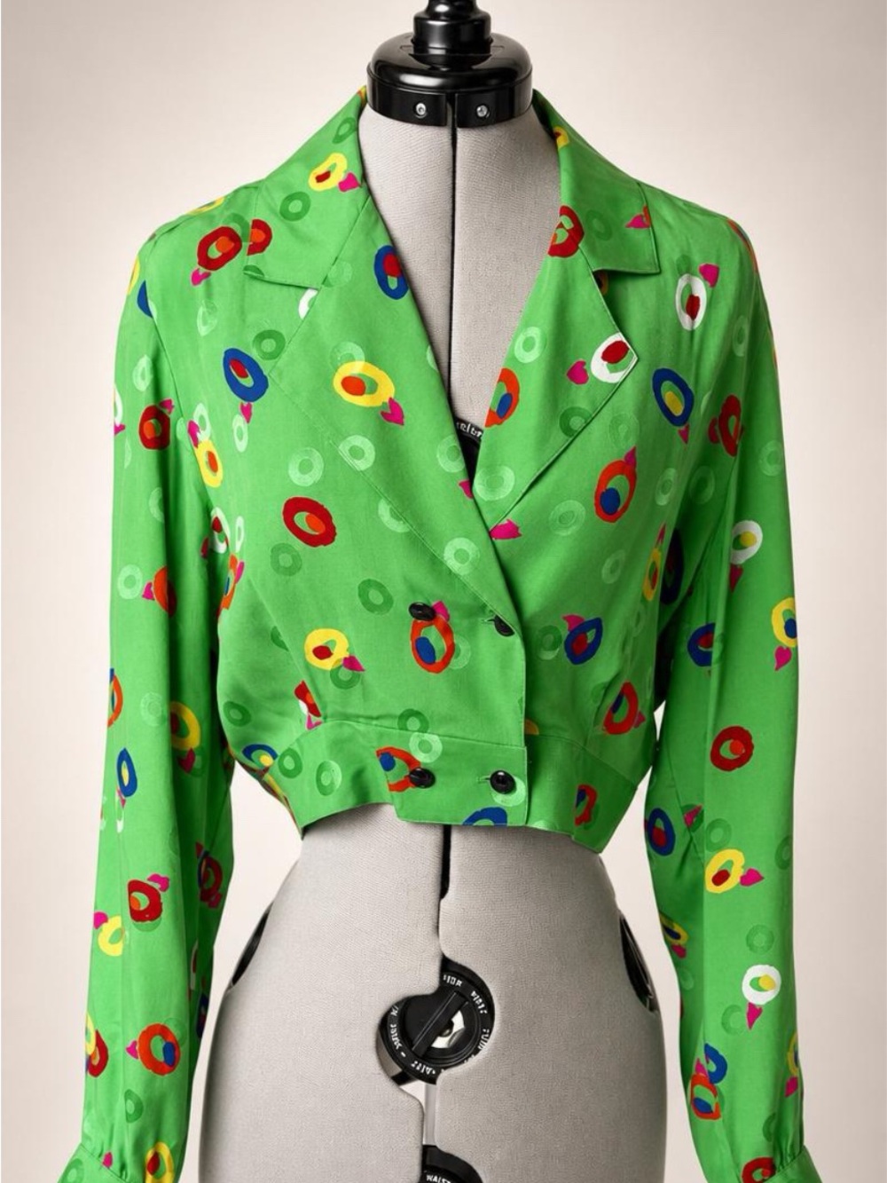 Emanuel Ungaro VTG 80s Silk Blouse, cropped, buttons, green/multi, 38, GUC